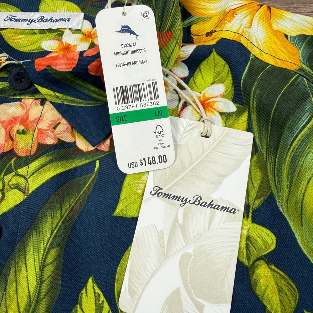 Tommy Bahama Mens Size Large Shirt Midnight Hibiscus Island Navy Silk Floral NEW - Picture 4 of 9